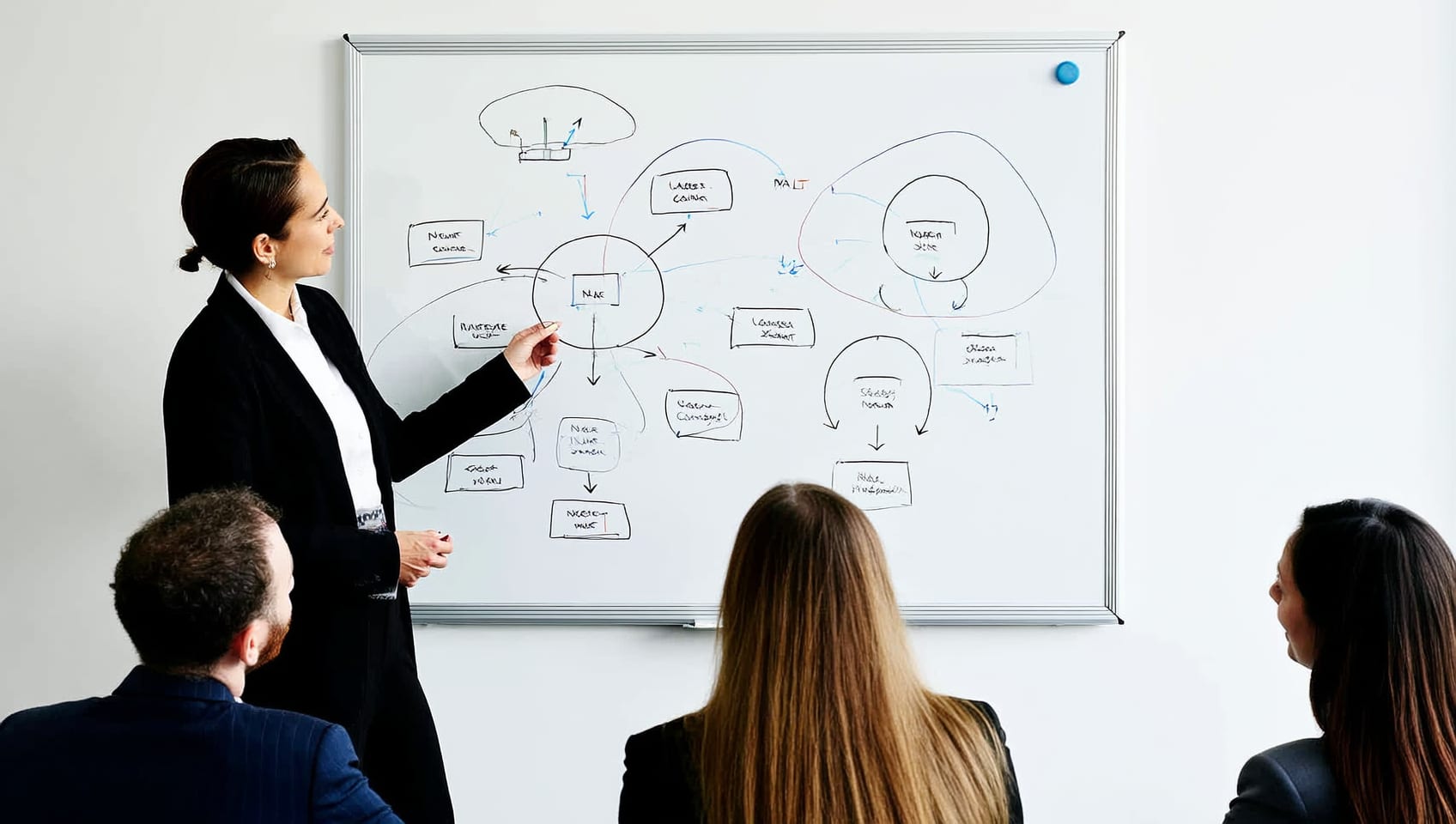 A JULY strategist walking a small group through a customer journey diagram on a whiteboard