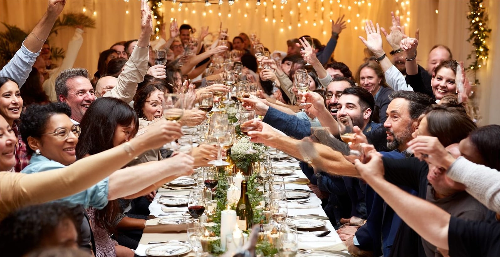 The JULY team celebrating together at a table during an evening awards dinner